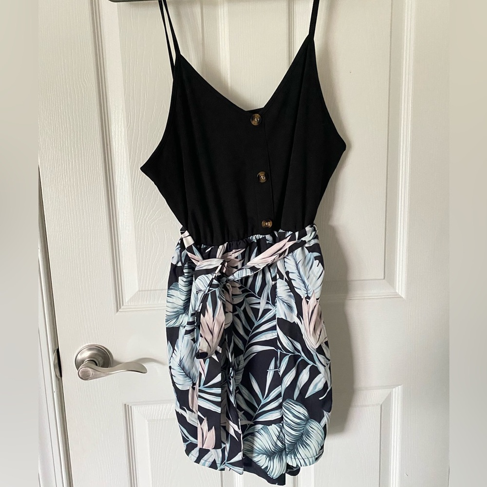 Black & Navy Tropical Print Romper with Tie Waist